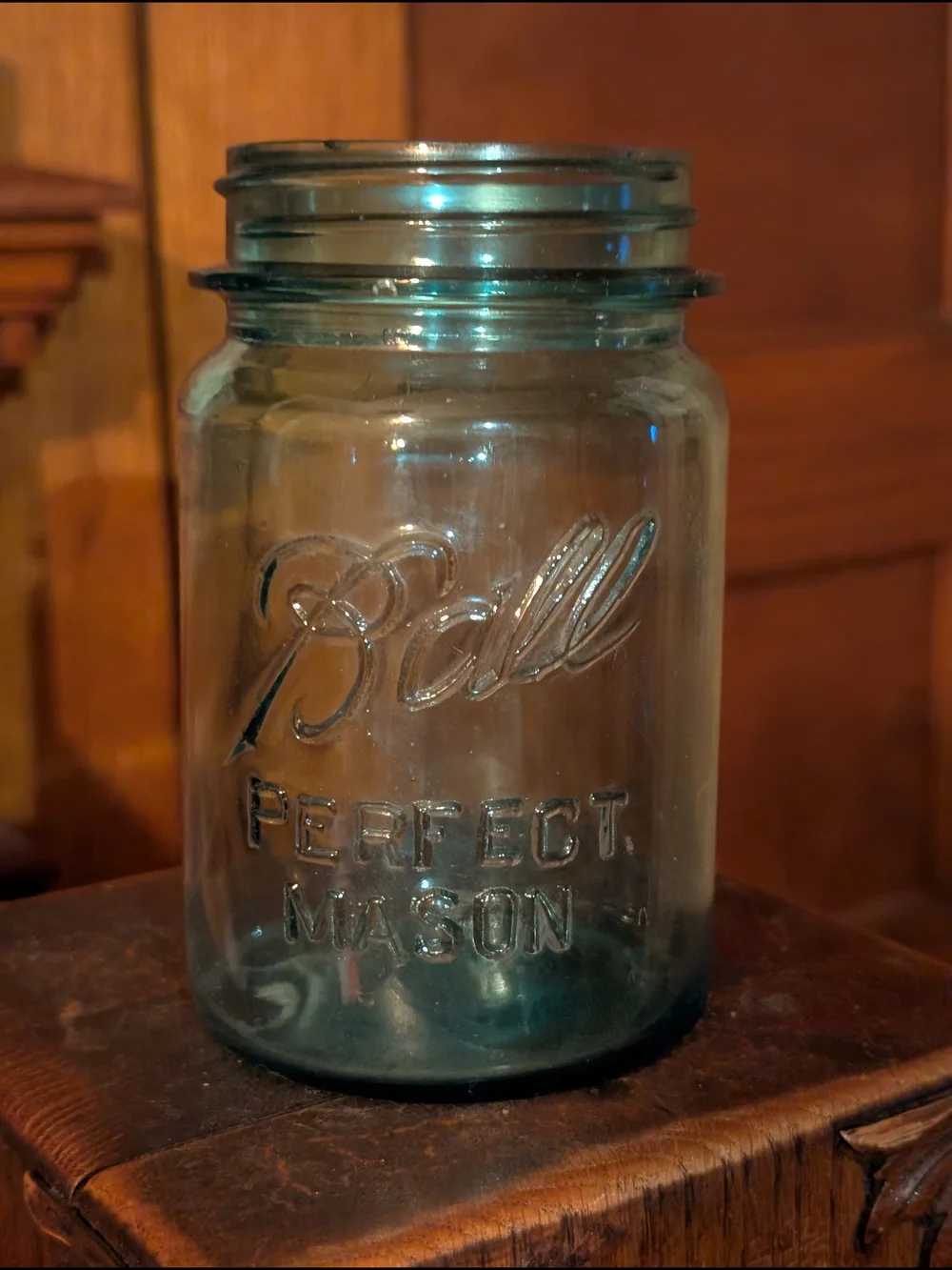 Squat Early Half Pint Mason Jar Ball 1910-1923 Antique Glass Euc